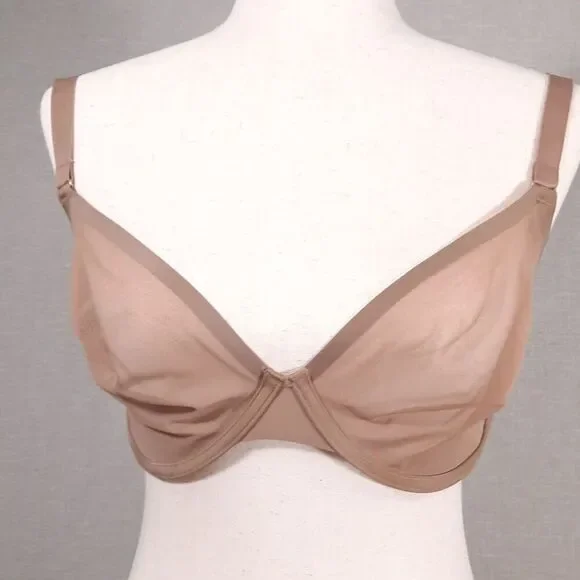 CUUP The Plunge Bra Size 32H NWOT Sheer Mesh Taupe Gold Hardware Triple Hook/Eye - Picture 2 of 14